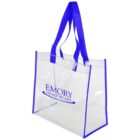 A transparent tote bag with blue handles and edges, featuring the text EMORY HEALTHCARE in blue on the front.