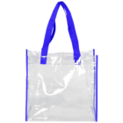 Clear tote bag with vivid blue straps and blue edges, designed for visibility and style. Made from transparent material, ideal for easy content viewing, with sturdy handles for carrying.