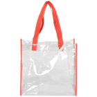 A transparent tote bag with vibrant red handles and edges. The clear material allows visibility of the contents inside. The bag has a simple, rectangular design, suitable for versatile use.