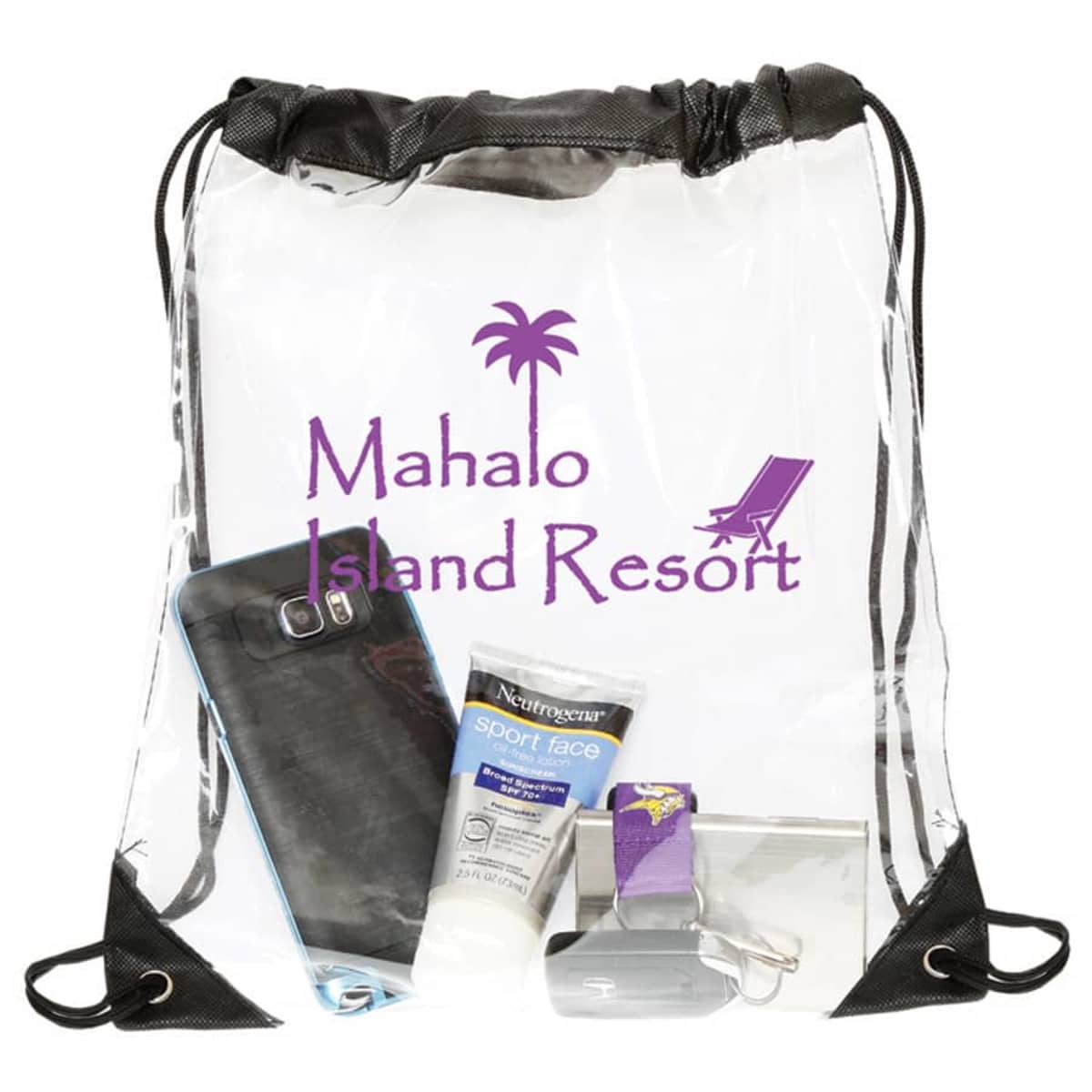 A transparent drawstring bag displays various items: a smartphone, a tube of Neutrogena sunscreen, a purple wristband, and a silver card holder. The bag is labeled with Mahalo Island Resort in purple, featuring a palm tree and beach chair logo.