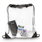 Clear drawstring backpack containing a smartphone, sunscreen, a lanyard with keys, and a notebook.