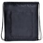 A black drawstring backpack with a simple design and a front pocket. The strings are attached at the corners and are used as shoulder straps. The fabric appears smooth and slightly shiny.