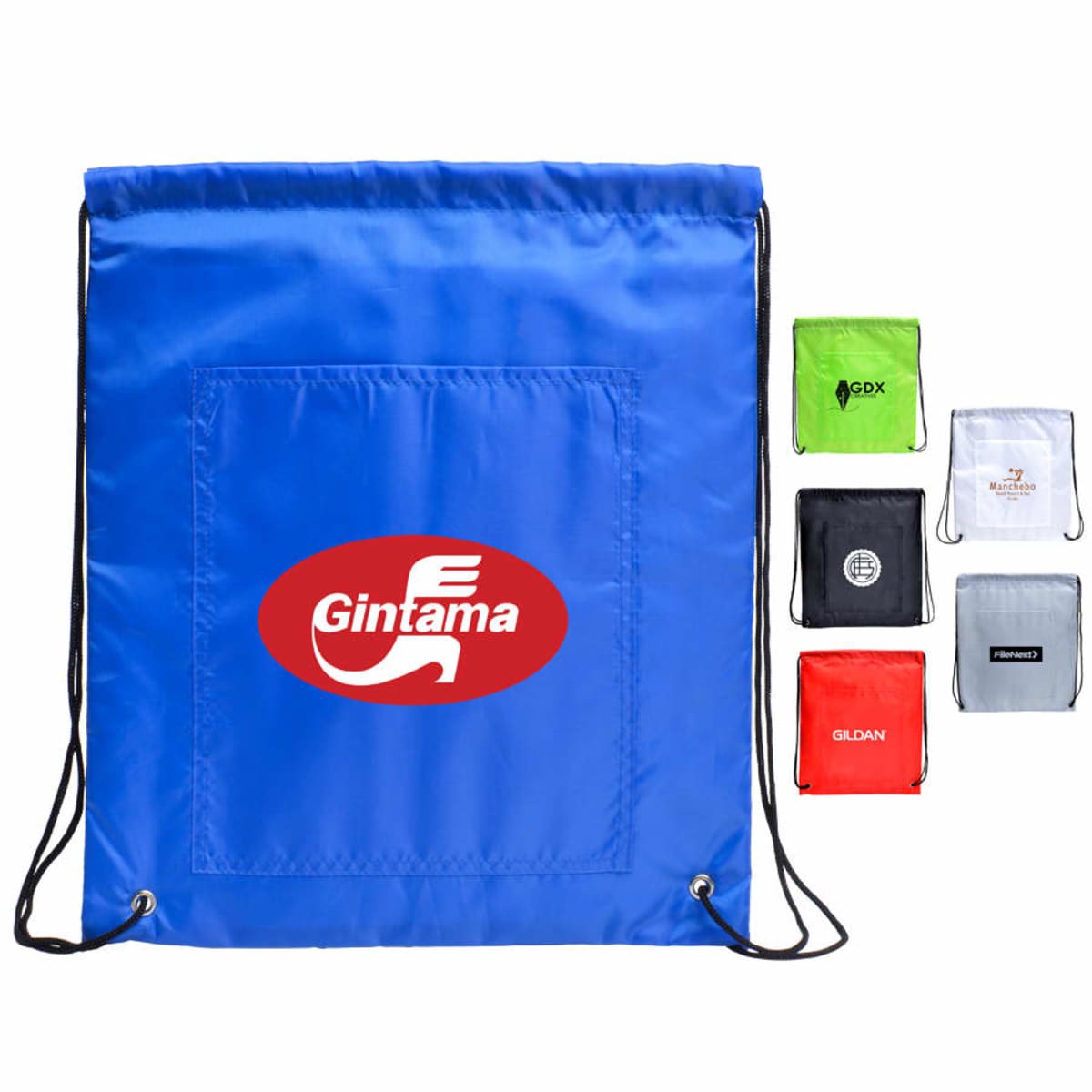 A collection of drawstring backpacks in various colors. The main focus is a large blue bag with a red oval logo and the text Gintama. Surrounding it are smaller bags in black, green, light blue, gray, red, and white, each with different logos.