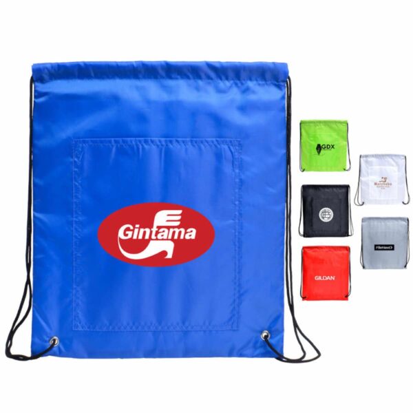 A collection of colored drawstring bags is shown. The main focus is a blue bag with a red oval logo reading Gintama. Smaller bags in green, white, black, red, and gray with different brand logos are displayed to the right.