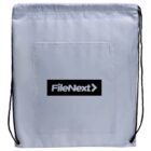 A light gray drawstring bag with a front pocket and black drawstrings. The bag features a black rectangular logo with the text FileNext in white and a white arrow pointing to the right.