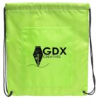 A bright green drawstring bag featuring the GDX Creatives logo. The logo includes a black graphic design resembling a pen nib with various design tools depicted within. The bag has black drawstrings on both sides.