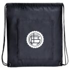 Black drawstring bag with a central pocket featuring a white circular logo design. The bag has thin black strings for carrying and a simple, minimalist appearance.
