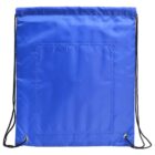 A bright blue drawstring backpack with black strings. The bag has a stitched square pocket on the front. The fabric appears lightweight and slightly shiny, with metal eyelets at the bottom for string attachment.