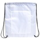 A white drawstring backpack with black strings. The bag has a large pocket on the front. Its simple design and neutral color make it versatile for various uses.