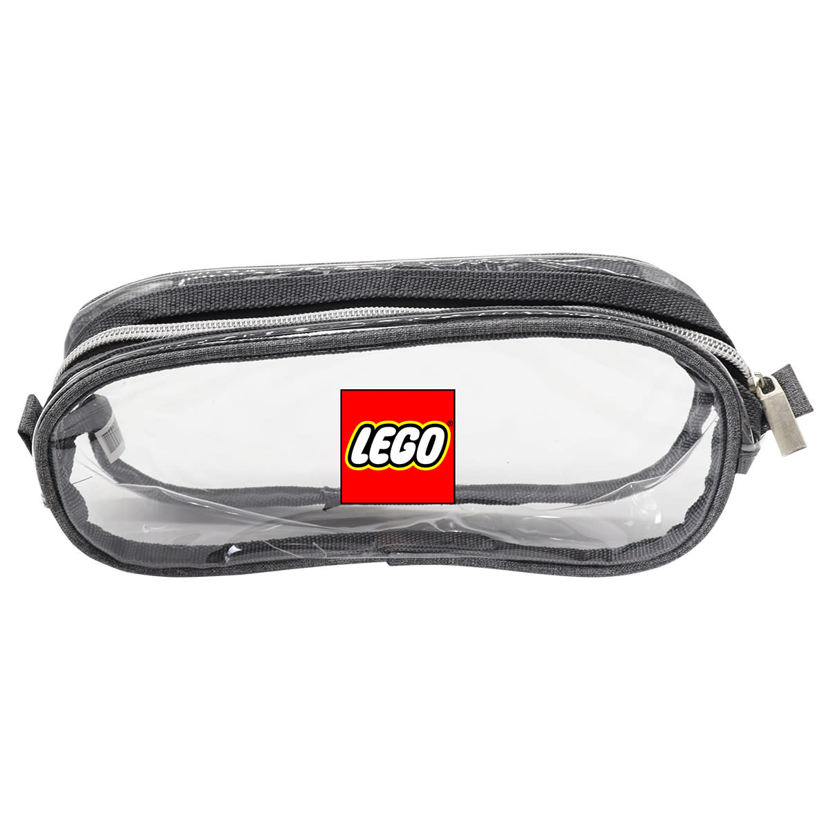 A transparent pencil case with a gray zipper and trim. The LEGO logo is prominently displayed in red and yellow on the front.