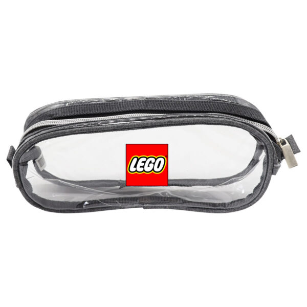 A transparent, rectangular pencil case with a grey zipper and trim. The clear plastic front displays a red LEGO logo in the center.