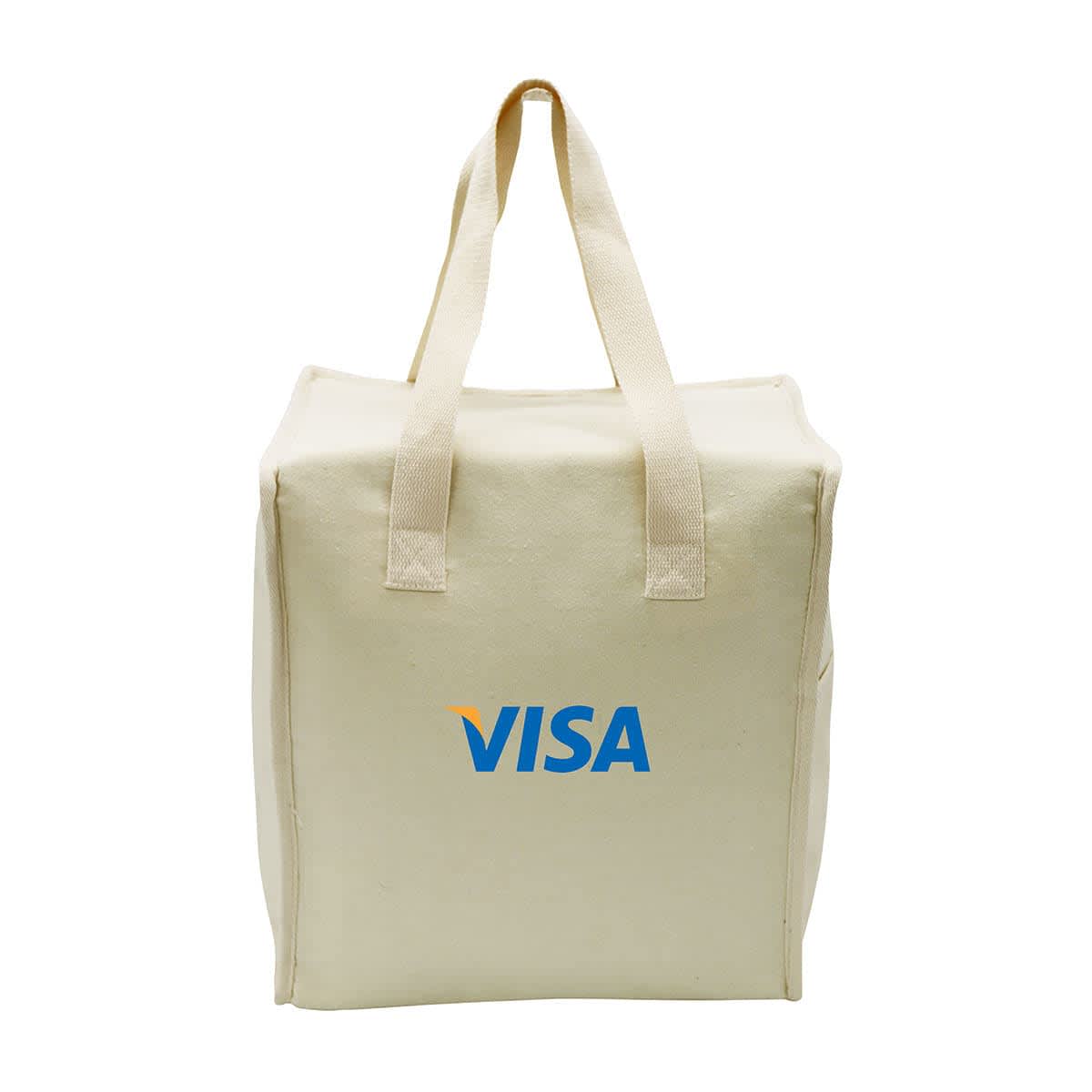 A beige tote bag with handles featuring the Visa logo in blue and yellow on the side. The bag is standing upright against a white background.