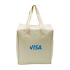 A beige canvas tote bag with handles featuring the VISA logo in blue with a small orange accent above the V. The bag is standing upright against a plain white background.