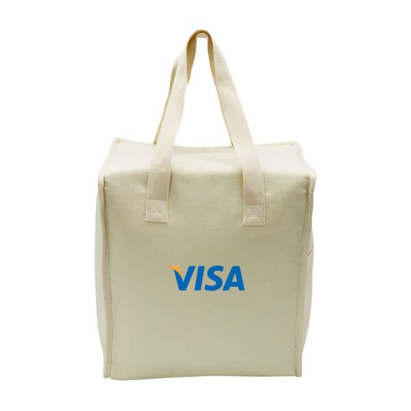 A beige canvas tote bag with handles featuring the VISA logo in blue with a small orange accent above the V. The bag is standing upright against a plain white background.