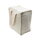 A beige, rectangular canvas tote bag with dual handles and a zippered top closure. It features a side pocket on one side. The bag has a sturdy, structured appearance and is set against a white background.