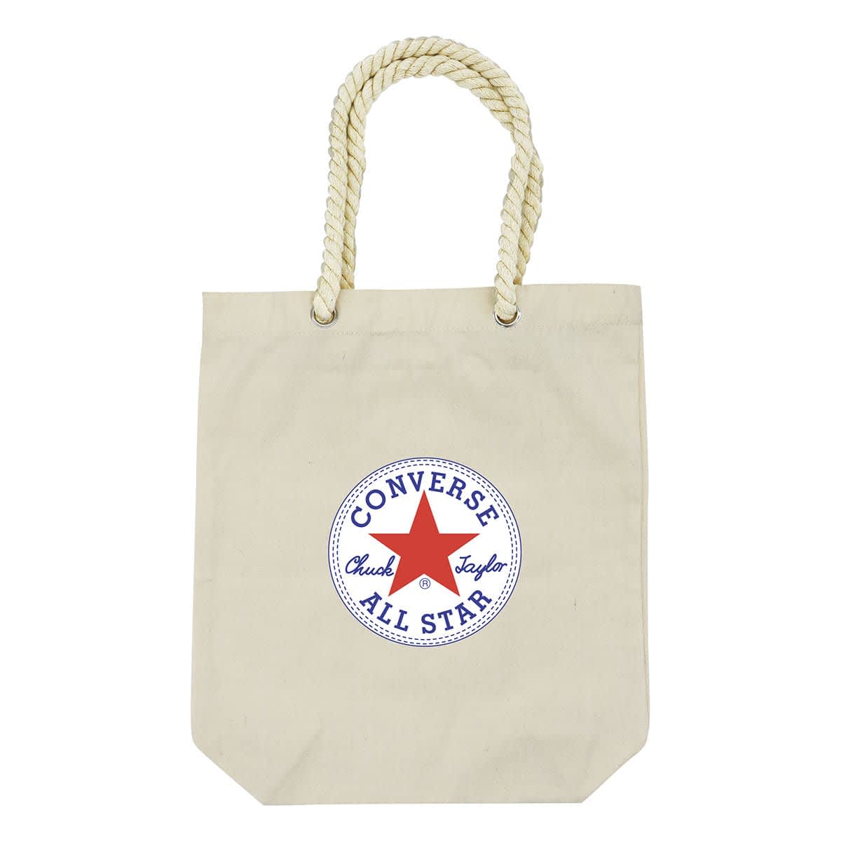 A beige tote bag with rope handles features the Converse All Star logo. The logo has a red star in the center with the words Converse All Star Chuck Taylor encircled in blue.