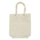 A plain beige canvas tote bag with thick, twisted rope handles. The handles are attached with metal grommets, giving the bag a simple, natural appearance. The bag is shown against a plain white background.