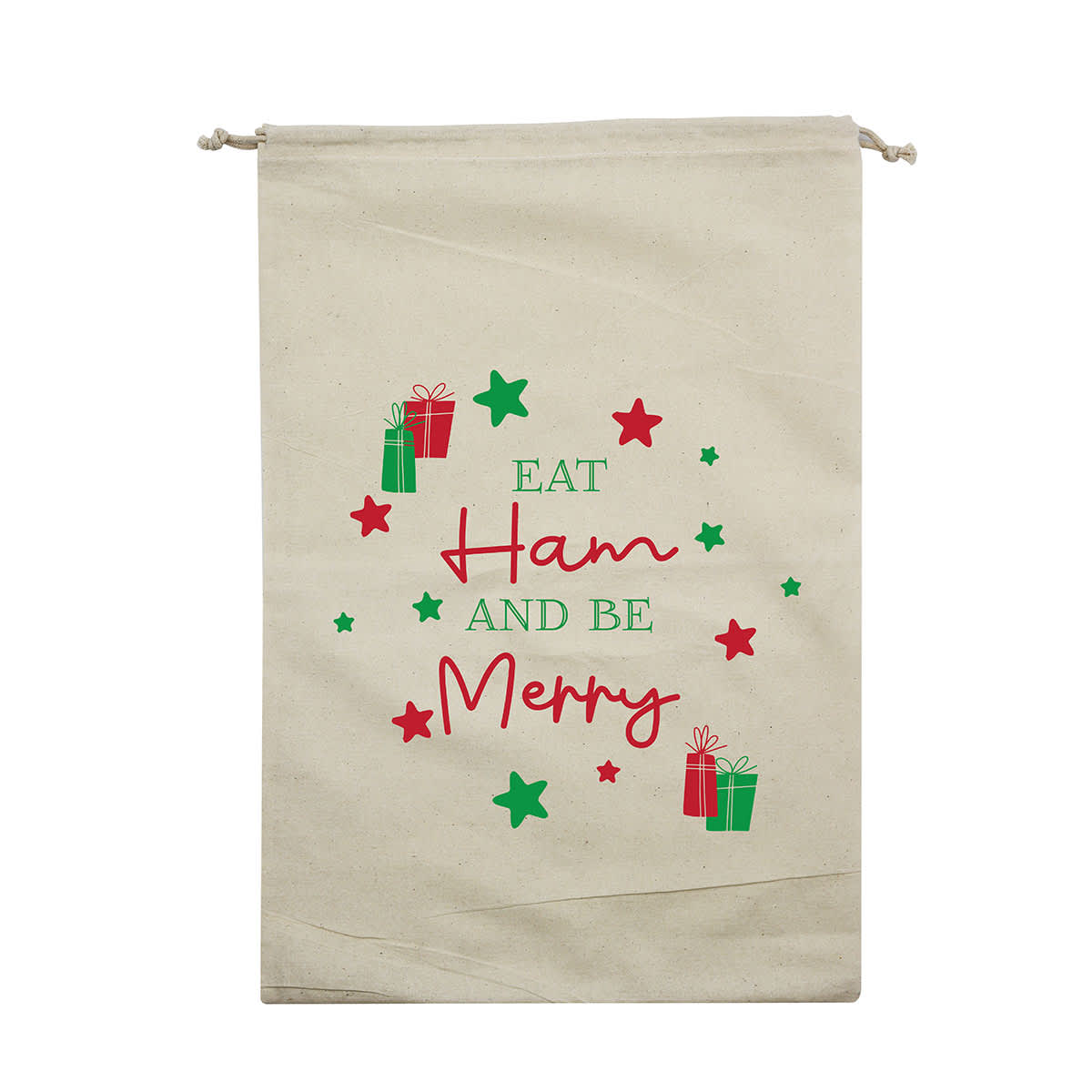 A beige drawstring bag features the festive text Eat Ham and Be Merry in red and green, surrounded by red and green stars and small gift box illustrations.