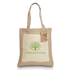 A beige tote bag with a large front pocket features a green tree logo above the text COMPANYNAME. A small recycled-paper tag is attached to the handle, highlighting environmental benefits.