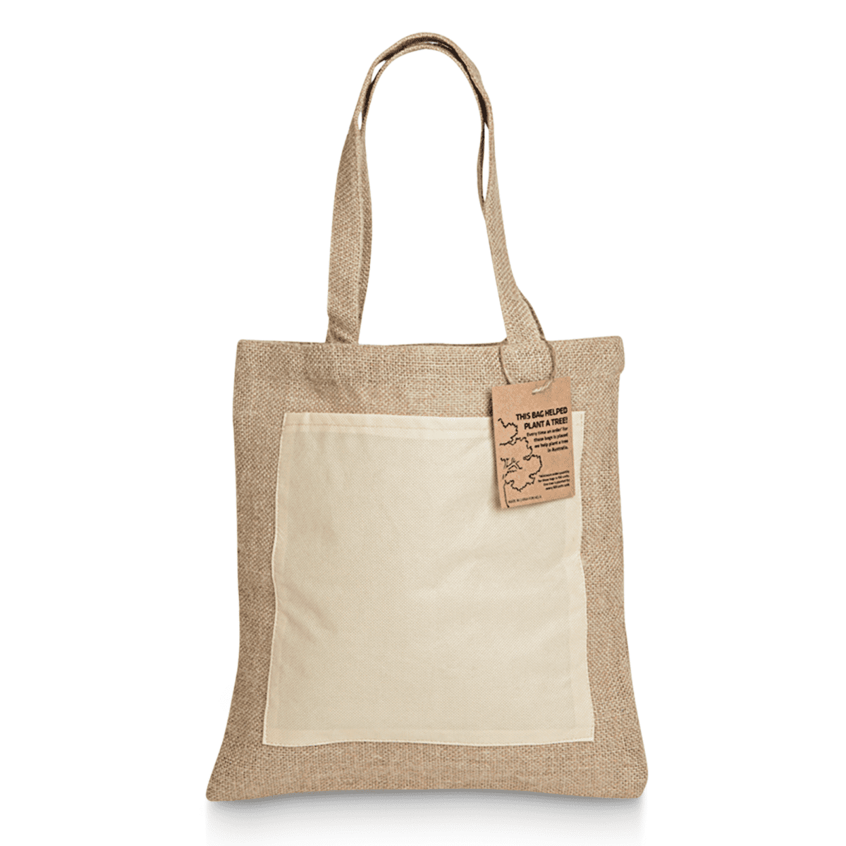 A beige tote bag with long handles and a front pocket. A tag is attached to one handle. The bag has a natural, textured appearance, suggesting its eco-friendly or made from sustainable materials.