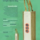 A green promotional image for a Jute Single Wine Bag. Text highlights features like eco-friendliness, sturdiness, and storage for two bottles. Includes images of the bag with logos, dimensions, and customization options. Material: Jute & Canvas.