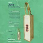 A green information sheet showcasing a jute single wine bag with canvas front, branded with BWS and Dan Murphys logos. Features highlighted include sturdiness, recyclability, and option for branded bottle openers. Dimensions noted.