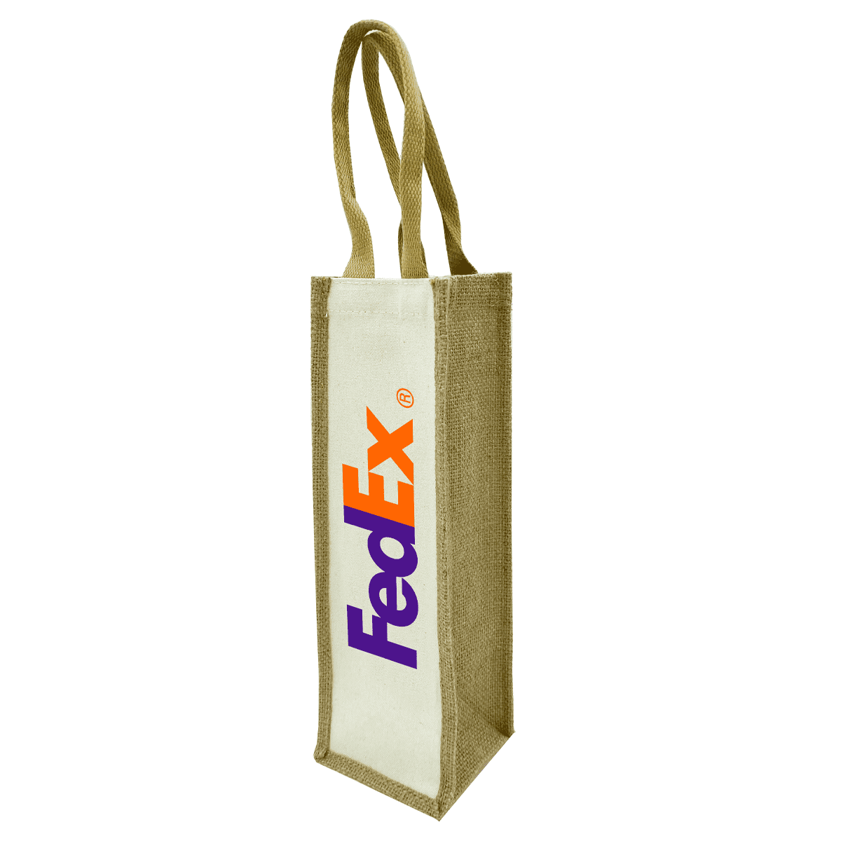 A tall, rectangular jute bag with two handles, featuring the FedEx logo in purple and orange on its side. The bag is designed for carrying items. The texture of the jute material is visible.