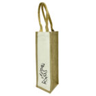 A tall, rectangular jute bottle bag with two handles, featuring a stylized black logo of a wine glass and a fox on a white panel.