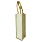 A tall, beige jute wine bag with a transparent front panel and sturdy handles, standing upright against a white background.