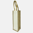 A tall, rectangular jute bag with a beige panel on the front and sturdy handles. It is designed for carrying bottles and stands upright against a plain white background.