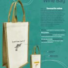 Illustrated advertisement for the Jute Double Wine Bag, featuring a picture of the bag with a kangaroo logo. The bag is made from jute and canvas with laminated PP lining and cane handles. Descriptive text highlights its features and uses.