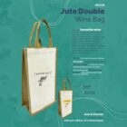 A promotional image for the Jute Double Wine Bag RB309. Features a bag with brown handles and a white front panel displaying a stylized kangaroo logo. Text highlights eco-friendly, sturdy, and reusable design for carrying wine bottles.