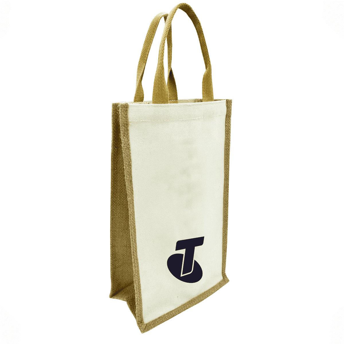 Beige and brown reusable bag with two handles, featuring a black letter T logo on the front.