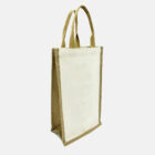 A jute tote bag with a natural beige front and sturdy handles. The sides and handles are a light brown, showcasing a simple, eco-friendly design against a white background.