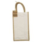 A rectangular jute tote bag with beige fabric panels and sturdy handles. Attached is a brown tag with tree illustrations and a barcode. The bags structure suggests it is suitable for carrying bottles or similar items.