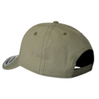 6-panel recycled cotton baseball cap in olive green, rear view with adjustable strap.