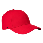 Recycled red 6-panel cotton cap with small black side logo.