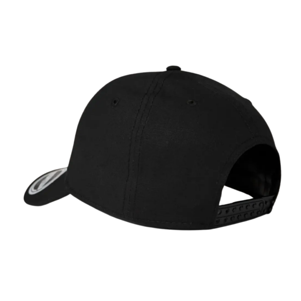 Back view of black Recycled 6-Panel Cotton Baseball Cap with snapback closure.
