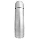 A tall, silver stainless steel thermos with a rounded lid, standing upright against a plain white background.