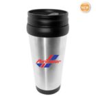 Silver travel mug with a black lid featuring the Purolator logo in red and blue. A small orange NEW badge is displayed in the top right corner.
