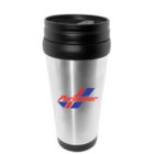 A silver travel mug with a black lid and base, featuring the Purolator logo in blue and red on the side.