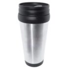 A silver stainless steel travel mug with a black plastic lid and base. The mug is cylindrical with a tapered shape, designed for retaining heat or cold for beverages. The lid features a sipping opening with a sliding cover.