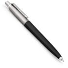 A sleek black and silver ballpoint pen with a metallic clip and tip. The upper part is shiny silver and the lower part is matte black, creating a classic, professional look. The pen is positioned diagonally against a white background.