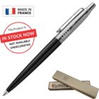 A black metallic pen with a silver clip is displayed. The pen is branded with a logo. A box for the pen is shown in the bottom right corner. Text reads Made in France and In Stock Now, Not Available Undecorated.