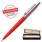 Red pen with a silver clip engraved with Westpac, featured alongside its black presentation box. A red stamp on the image reads, This Product is In Stock Now. Not Available Undecorated.