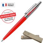 A red pen with a silver clip and the word Westpac on it. A small French flag and text Made in France is shown. A box labeled Parker is displayed in the bottom right. Text reads In Stock Now and Not Available Undecorated.