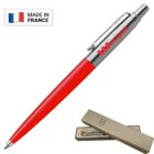 Red and silver ballpoint pen with Westpac logo, featuring a clip and push-button top. Includes an open beige box with PSI branding. A Made in France label with a French flag is shown in the top left corner.
