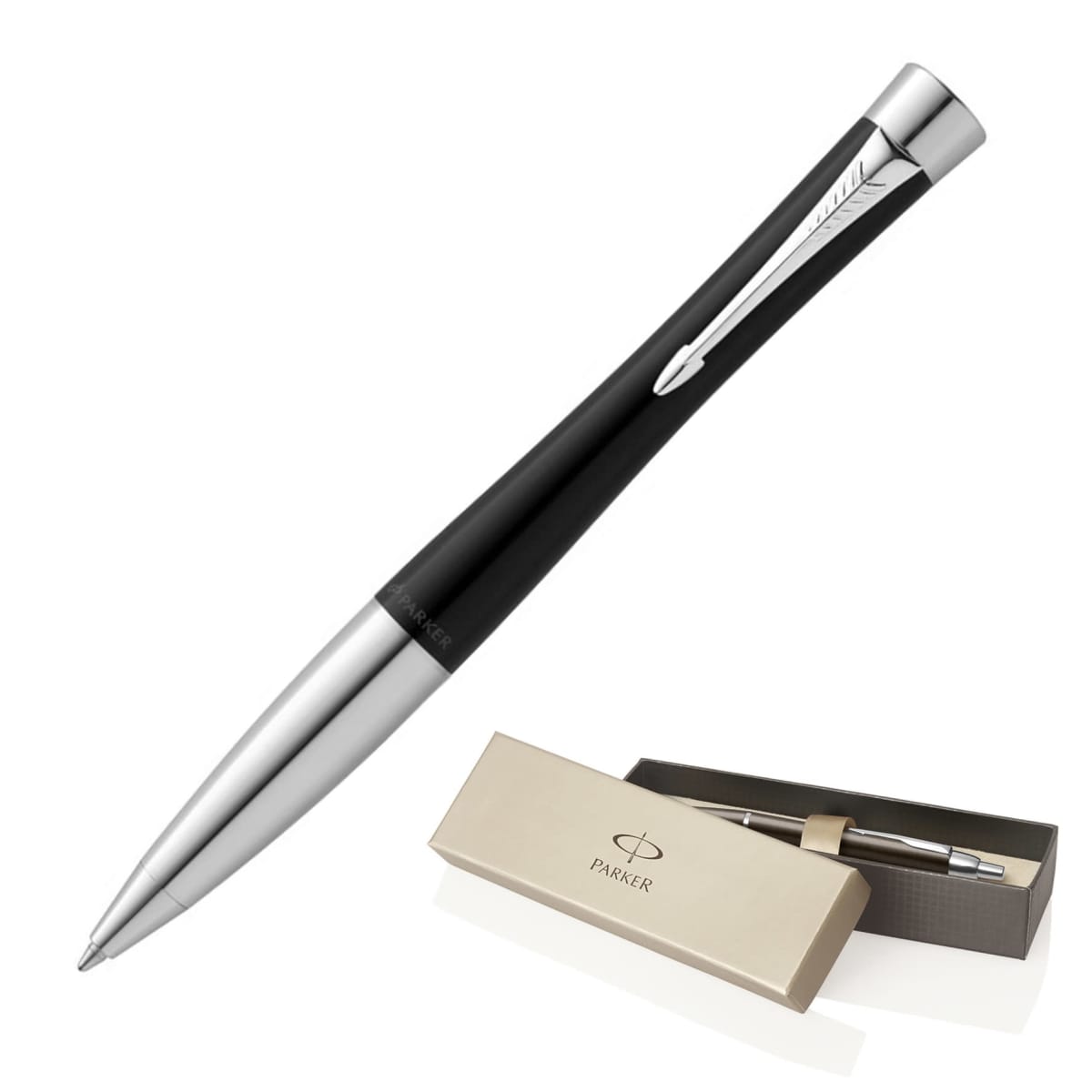A sleek black and silver Parker pen is shown diagonally against a white background. Below it, a matching pen is displayed in a rectangular beige box labeled Parker.
