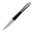 Sleek black and silver pen with a curved design, featuring a metallic clip and a pointed tip. The barrel transitions smoothly from black to silver, creating a modern and elegant appearance.