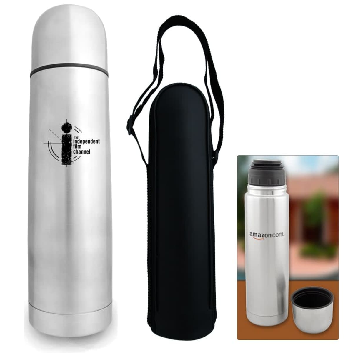 Three items are shown: a silver thermos with the logo independent film channel, a black carrying case with a handle, and another silver thermos with amazon.com written on it. A detached thermos lid is placed next to the second thermos.